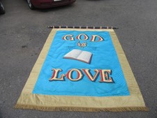 VINTAGE GOD IS LOVE, METHODIST CHURCH, MARCHING BANNER, WALL, SHOP, PROP, ART