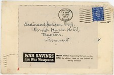 GB 1943 ECONOMY RE USE LABEL WAR SAVINGS ARE WAR WEAPONS SLOGAN on COVER STAINES