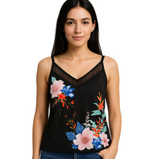Black Satin Floral Mesh Cami Top – V-Neck Slip Style – Retail £99