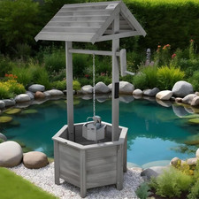 Decorative Grey Wooden Wishing Well Bucket Planter Pot Plants Flowers Patio Gift