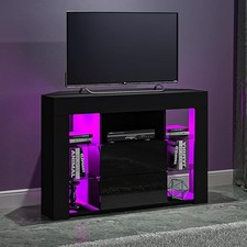 Corner TV Stand Cabinet Black with LED Lights 2 Door & 7 Shelf Media Storage