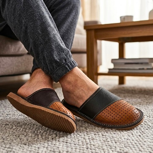Leather slippers for men - leather,