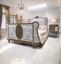 Antique French King Size Bed Frame Bedside Tables Slatted Base New Upholstery