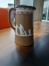 RARE ANTIQUE 8” English DUDSON Brown Jasperware Pottery Jug Pewter Lid C1850