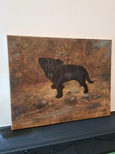 Charming Vintage Original Oil Painting on Canvas of a Little Black Dog 
