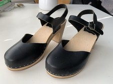 Hasbeens Swedish Black Leather Strappy Sandals Clogs Size 37 High Heel