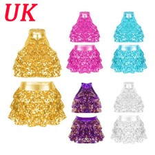 UK Kids Girls 2Pcs Sequins Dance Costumes Latin Jazz Crop Tops w/Skirts Outfits