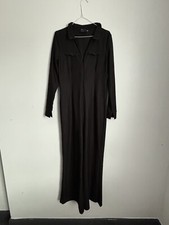 Asos Design Women's Jumpsuit Black Ribbed 70's Collar Zip Front Unitard Size 14