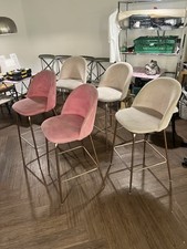 Set of 5 Used Bar Stools Pink & Beige Fabric, Gold Metal Frame, need cleaning 