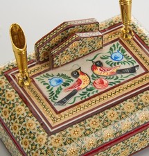 Persian Khatam Vintage Inlaid Wooden Marquetry Mosaic Double Pen Holder Desk Set