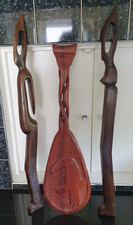 2 Tall Thin Carved Wooden African Figures + Carved Wooden Paddle With Toucan