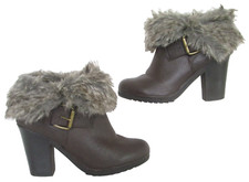 M&S LIMITED COLLECTION SIZE 5 WOMENS DARK BROWN FAUX FUR CUFF ANKLE BOOTS HEELS