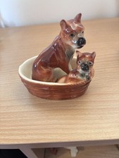 Vintage Japan Boxer Dog Basket Puppy Ceramic 4" Family Figurine 