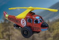 1950s Japanese Tinplate Emergency Helicopter Red Blades Vintage Friction Toy