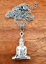 Large Tibetan Silver Buddha Pendant 3.1x2.2cm - Stainless Steel Chain Necklace