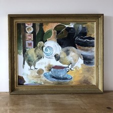 Vintage Kitchen Table Teacup Impressionist Still Life LARGE Oil Painting