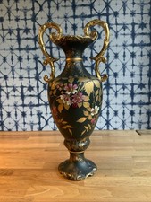 Rare Antique Double Handle Victorian Style Vase with Flowers Green Gold Gilt 16”