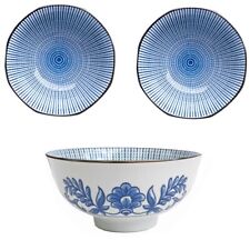 Set 3 Serving Bowl Ceramic Cereal Soup Dessert Bowls White Blue Crockery Dishes