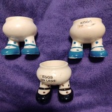 3 x Vintage Plastic Eggs On Legs Footed Egg Cups Blue  Black Shoes Novelty Retro