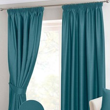 Teal Petrol Pencil Pleat Blackout Thermal Curtain Pair 117x228cm Chevron Design