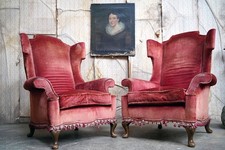 Pair of Edwardian Period Country House Queen Anne Style Wingback Armchairs c1910