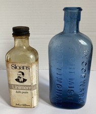 Two Vintage Embossed Chemist Bottles, Woods Nottingham Blue, Sloans Labelled