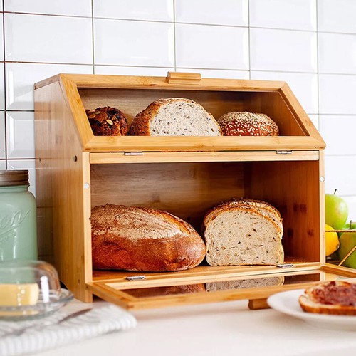 Large bamboo wood bread bin - bamboo,