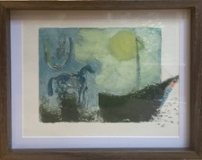 Monoprint St Ives Cornwall School Like Ben Nicholson Naive Boat And Blue Horse