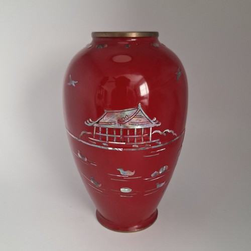 Asian brass enameled vase red - brass,