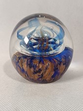 Vintage Blue And Gold Controlled Bubble Art Glass Paperweight 290g