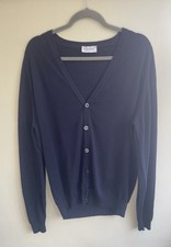 John Smedley Navy Blue 100% Wool V Neck Cardigan Size XL Button Up Fine Knit