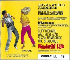 Wonderful Life 1x ORIGINAL Royal World Premiere Film Ticket Cliff Richard
