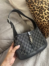 Rare Vintage Gucci Jackie O Shoulder Bag In Black Leather Swarovski Crystals