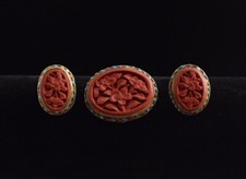 VTG Chinese Export Carved Cinnabar Red Blue Enamel Clip Earrings & Brooch Set