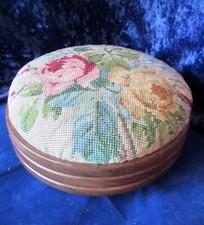 Antique Round Floral Needlepoint Tapestry  & Wood Footstool With Bun Feet