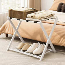 Folding Suitcase Stand Luggage Rack with Storage Shel-White