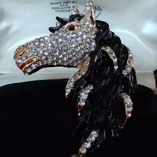 Large Black and Gold Diamonte HORSE HEAD with Mane Costume Brooch Pin