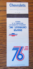 1976 DRAPER CHEVROLET CAR DEALER MATCHBOOK COVER: MILFORD, NH MATCHCOVER -B5
