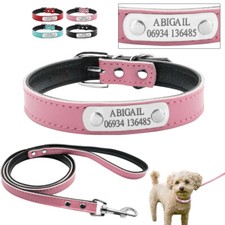 Leather Personalised Dog Collar and Lead Custom Pet Cat Puppy Name ID Tag Collar