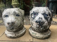 Pair of large decorative weathered Cast stone garden bulldog head statues