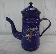 Vintage Blue Enamel Coffee Pot with floral and gilded decoration