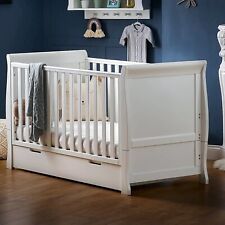Obaby Stamford Cot Bed Classic Sleigh with Drawer Baby Cot to Toddler Bed White