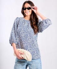 Blue Animal Puff Sleeve Blouse