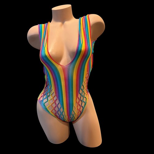 Rainbow striped fishnet plunge - striped,