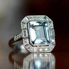 Art Deco Emerald Cut Aquamarine & Lab Created Diamond 925 Silver Engagement Ring
