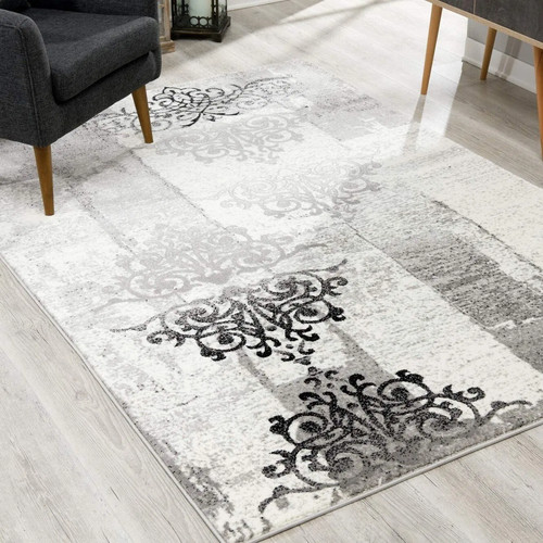 Gray damask dhurrie - 5',