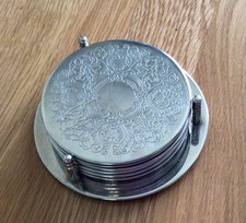 Vintage Set Of 6 Silver Plated Coasters With Holder/Bottle Stand