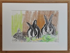 John Bratby RA listed artist. Original Pastel Crayon study of Dutch Rabbits 1980