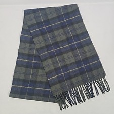 BARBOUR 100% Wool Scarf Green Blue Check Tartan Tassel 72" x 11"
