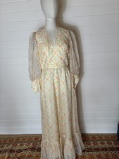 VINTAGE 70’s MAXI DRESS FRILL HEM HIGH NECK LACE TRIM APPROX SIZE 10 HOSTESS